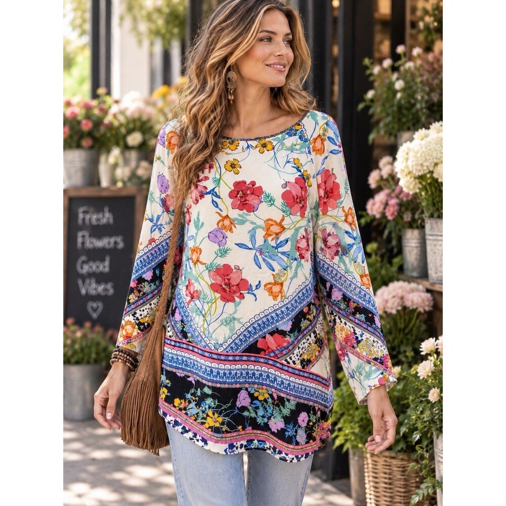 Johnny Was Floral Long Sleeve Tunic Blouse Multi Color Rayon Sz M Boho Fairy